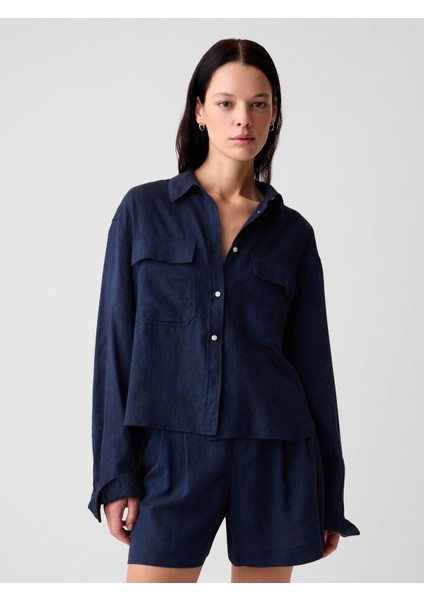 Kadın Koyu Mavi %100 Keten Oversize Crop Gömlek