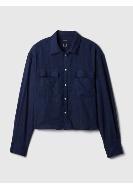 Kadın Koyu Mavi %100 Keten Oversize Crop Gömlek