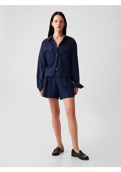 Kadın Koyu Mavi %100 Keten Oversize Crop Gömlek
