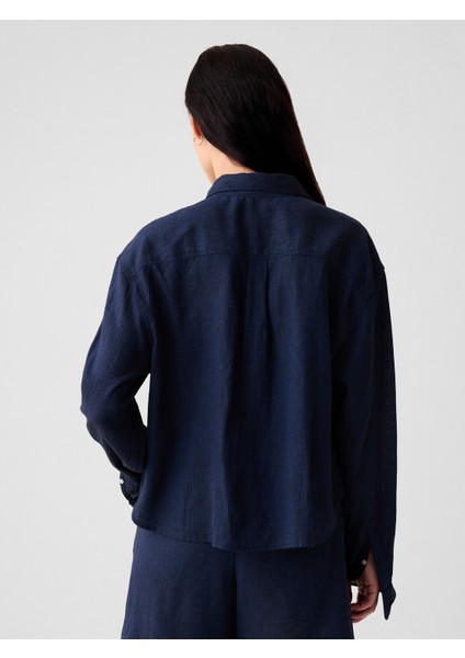 Kadın Koyu Mavi %100 Keten Oversize Crop Gömlek