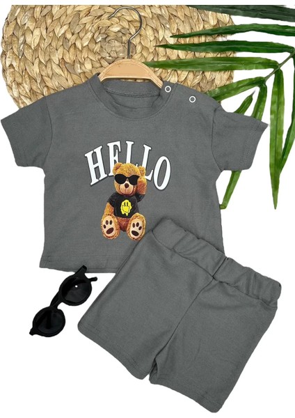 9-12-18-24 Ay Hello Gözlüklü Ayıcık Baskılı Şortlu Kısa Kollu Tişört 2li Erkek Bebek Takımı
