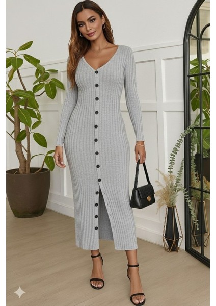 Kadın Uzun Kollu V Yakalı Önden Düğmeli Şardonlu Kaşkorse Elbise modelleri