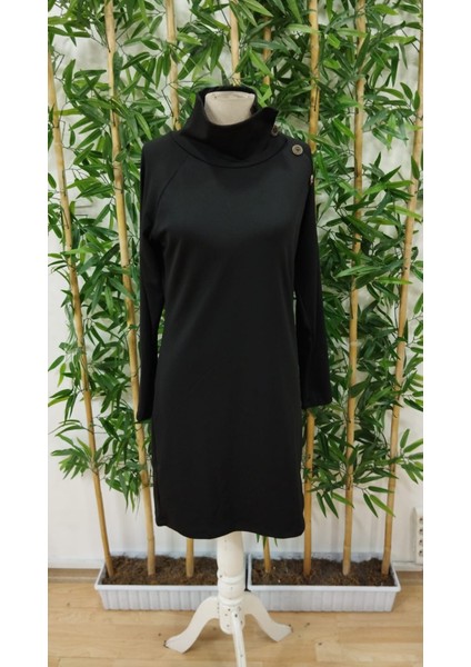 Kadın Uzun Kollu Balıkçı Yaka Düğme Detaylı Kısa Şardonlu Dalgıç Elbise