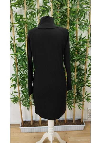 Kadın Uzun Kollu Balıkçı Yaka Düğme Detaylı Kısa Şardonlu Dalgıç Elbise