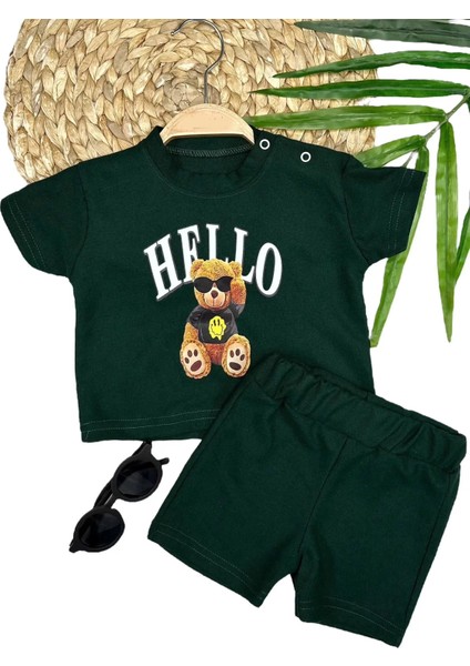 9-12-18-24 Ay Hello Gözlüklü Ayıcık Baskılı Şortlu Kısa Kollu Tişört 2li Erkek Bebek Takımı