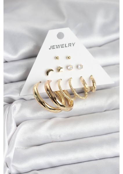 Erb Gold Renk 6 Çiftli Pirinç Kadın Küpe Seti