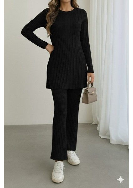 Kadın Uzun Kollu Yuvarlak Yaka Yandan Yırtmaç Detaylı Şardonlu Kaşkorse Bluz ve Pantolon Ikili Takım modelleri