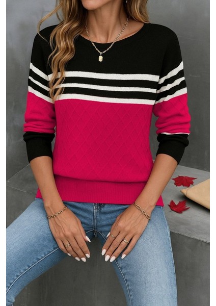 Eyesof Kadın Uzun Kollu Bisiklet Yaka Çok Renkli Triko Bluz