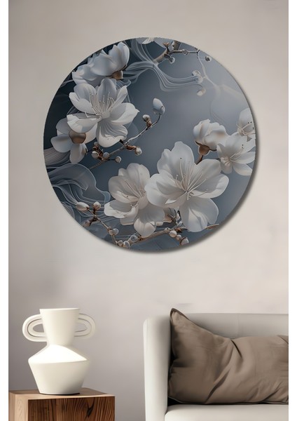 Büyüleyici Beyaz Çiçekler Dekoratif Ahşap Mdf Ev/işyeri Duvar Tablo Yuvarlak Ev/işyeri Duvar Tablo