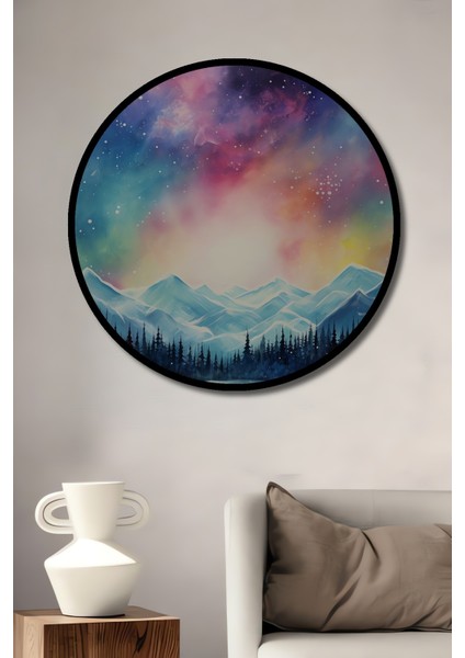 Çerçeve Görünümlü Kuzey Işıkları Dağ Manzarası Ahşap Mdf Dekoratif Tablo Yuvarlak Tablo