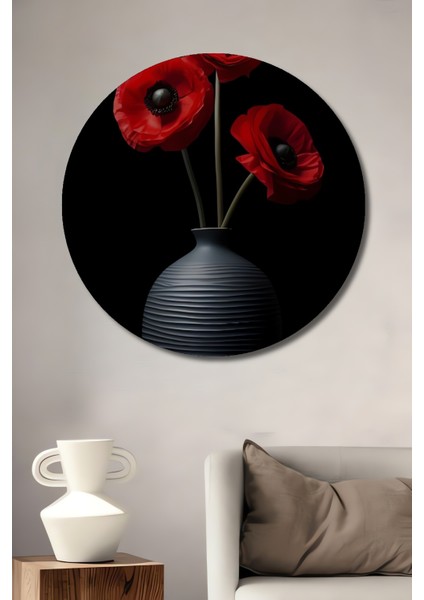 Üç Kırmızı Gelincik Ahşap Mdf Dekoratif Ev/işyeri Duvar Tablo Yuvarlak Ev/işyeri Duvar Tablo