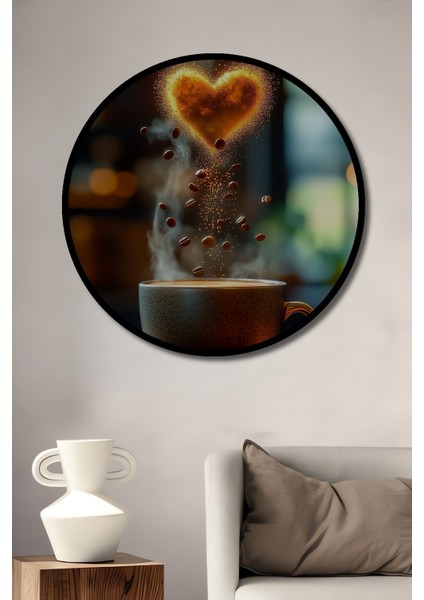 Çerçeve Görünümlü Kahve Aşkı Dekoratif Ahşap Mdf Işyeri Duvar Tablo Yuvarlak Işyeri Duvar Tablo