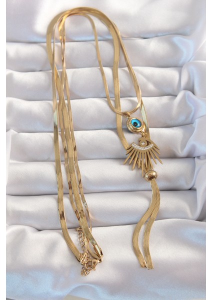 316L Çelik Gold Renk Zirkon Taşlı Göz Detay Nazarlı Uzun Asansör Model Kolye fiyatları