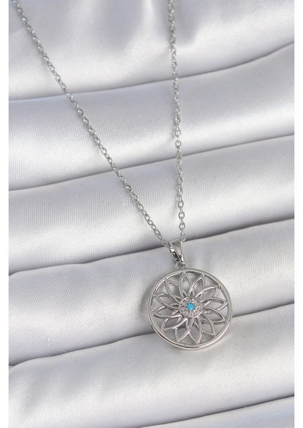 316L Çelik Gümüş Renk Zincir Mavi Taşlı Lotus Model Kadın Kolye