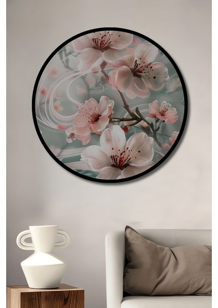 Çerçeve Görünümlü Bahar Çiçekleri Dekoratif Ahşap Mdf Ev Duvar Tablo Yuvarlak Ev Duvar Tablo