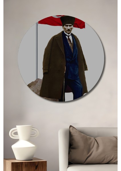 Atatürk ve Türk Bayrağı Dekoratif Ahşap Mdf Ev/işyeri Duvar Tablo Yuvarlak Ev/işyeri Duvar Tablo