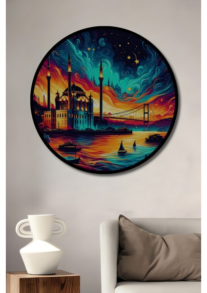 Çerçeve Görünümlü Boğazın Büyüsü Dekoratif Ahşap Mdf Ev Duvar Tablo Yuvarlak Ev Duvar Tablo