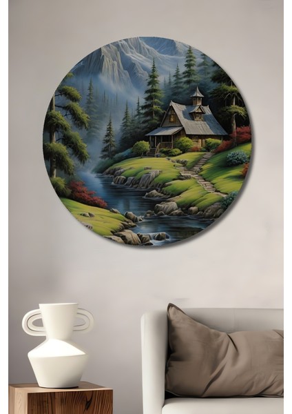 Dağ Evi Manzarası Dekoratif Ahşap Mdf Ev/işyeri Duvar Tablo Yuvarlak Ev/işyeri Duvar Tablo
