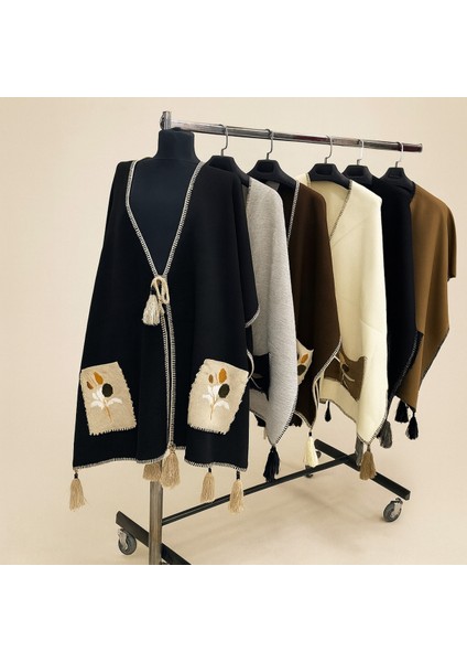 Akmoda Kalın Kışlık Triko Uzun Panço