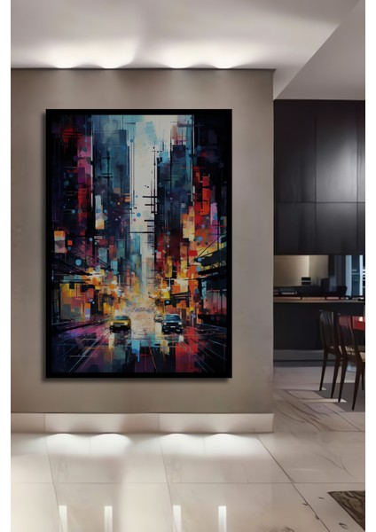 Çerçeve Görünümlü Soyut Kentsel Gece Manzarası Dekoratif Ahşap Mdf Tablo Dikdörtgen Tablo