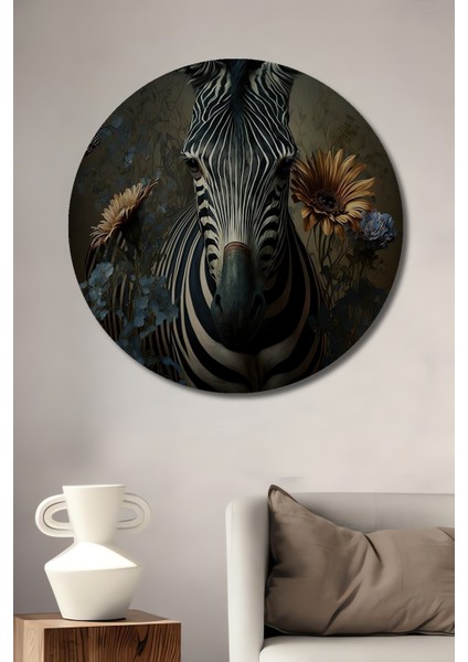 Zebra ve Çiçeklerin Büyüsü Dekoratif Ahşap Mdf Ev/işyeri Duvar Tablo Yuvarlak Ev/işyeri Duvar Tablo