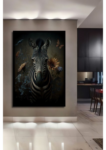 Çerçeve Görünümlü Zebra ve Çiçeklerin Büyüsü Dekoratif Ahşap Mdf Tablo Dikdörtgen Tablo