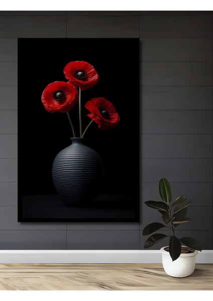 Çerçeve Görünümlü Üç Kırmızı Gelincik Ahşap Mdf Dekoratif Ev Duvar Tablo Dikdörtgen Ev Duvar Tablo