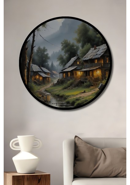 Çerçeve Görünümlü Dağ Evleri Manzaralı Ahşap Mdf Dekoratif Ev Duvar Tablo Yuvarlak Ev Duvar Tablo