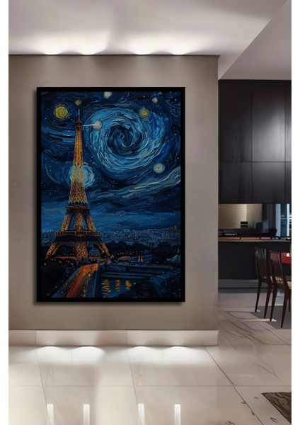 Çerçeve Görünümlü Yıldızlı Gecede Eyfel Kulesi Dekoratif Ahşap Mdf Dikdörtgen Ev,iş Yeri Duvar Tablo