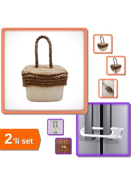 Stoper - Kare Beton Kapı Stoperi + Bebek Çocuk Çekmece Koruma Kilidi 2'li Set A1B2C3