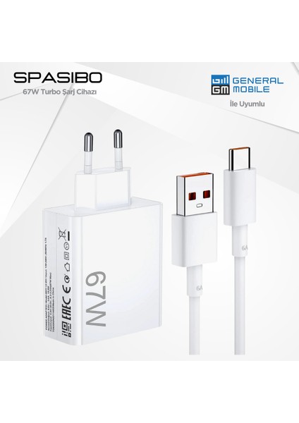 General Mobile Uyumlu 67W Turbo Şarj Adaptörü Seti | Type-C Hızlı Şarj & Akıllı Voltaj Koruma