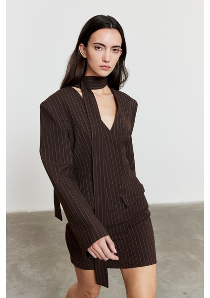 Çizgili Mini Etek Acı Kahve