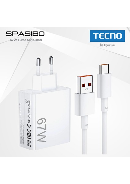 Tecno Uyumlu 67W Turbo Şarj Adaptörü Seti | Type-C Hızlı Şarj & Akıllı Voltaj Koruma