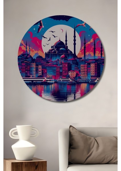 Istanbul Gece Manzarası Dekoratif Ahşap Mdf Ev/işyeri Duvar Tablo Yuvarlak Ev/işyeri Duvar Tablo