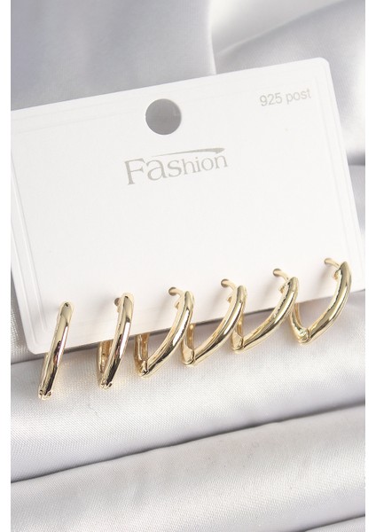 925 Ayar Gümüş Çivi Pirinç Gold Renk Üçgen Model Kadın Küpe Seti