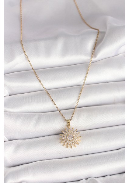 316L Çelik Gold Renk Zincir Zirkon Taşlı Güneş Model Kadın Kolye fiyatları