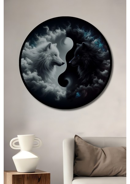 Çerçeve Görünümlü Beyaz ve Siyah Kurt Yin Yang Dekoratif Ahşap Mdf Tablo Yuvarlak Tablo