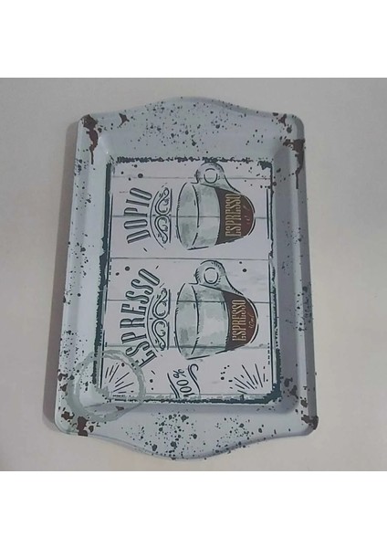 Küçük Coffee Desenli Metal Tepsi Genişlik 15,7cm Uzunluk 24,5cm 1 Adet