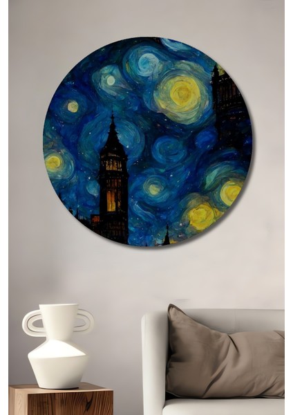 Yıldızlı Gece Londra Dekoratif Ahşap Mdf Ev/işyeri Duvar Tablo Yuvarlak Ev/işyeri Duvar Tablo