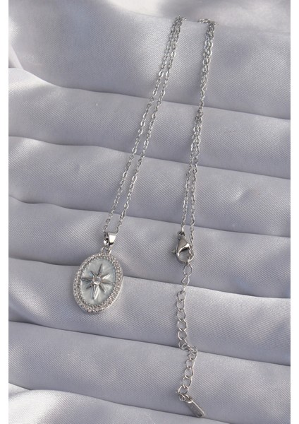 316L Çelik Zincir Gümüş Renk Zirkon Taşlı Kabartmalı Kutup Yıldızı Kolye fiyatları