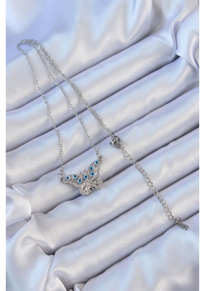 316L Çelik Zincir Gümüş Renk Zirkon Taşlı Nazarlı Kelebek Kolye fiyatları