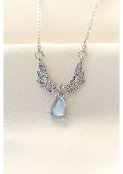 316L Zinciri Çelik Zirkon Taşlı Gümüş Renk Kanatlı Damla Kolye