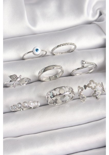 Pirinç Gümüş Renk Nazar Boncuk Detay Incili Kelebek Işlemeli Kadın Yüzük Kombini