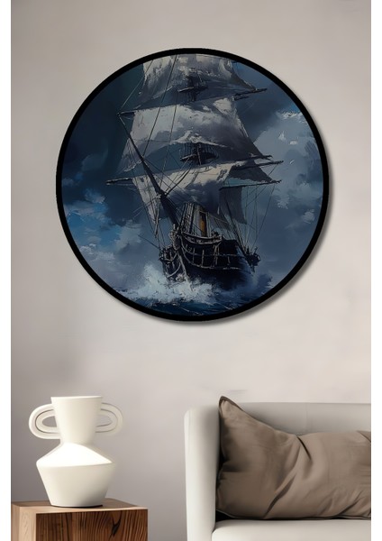 Çerçeve Görünümlü Fırtınalı Denizlerde Yelkenli Ahşap Mdf Dekoratif Tablo Yuvarlak Tablo