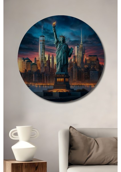 Özgürlük Heykeli Manzarası Ahşap Mdf Dekoratif Ev/işyeri Duvar Tablo Yuvarlak Ev/işyeri Duvar Tablo