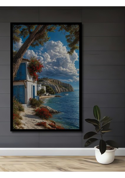 Çerçeve Görünümlü Deniz Kenarında Beyaz Evler Ahşap Mdf Dekoratif Tablo Dikdörtgen Tablo