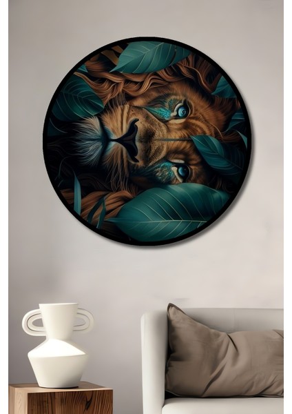 Çerçeve Görünümlü Gızemlı Orman Aslanı Ahşap Mdf Dekoratif Ev Duvar Tablo Yuvarlak Ev Duvar Tablo