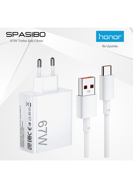 Honor Uyumlu 67W Turbo Şarj Adaptörü Seti | Type-C Hızlı Şarj & Akıllı Voltaj Koruma