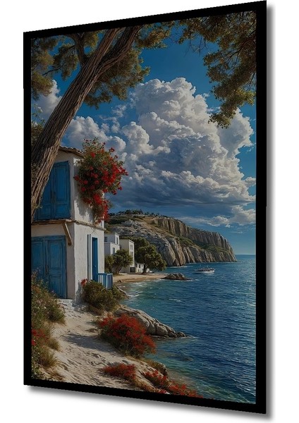 Çerçeve Görünümlü Deniz Kenarında Beyaz Evler Ahşap Mdf Dekoratif Tablo Dikdörtgen Tablo fiyatları