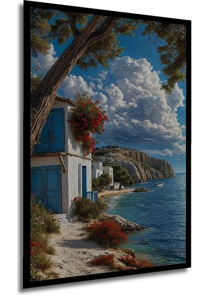 Çerçeve Görünümlü Deniz Kenarında Beyaz Evler Ahşap Mdf Dekoratif Tablo Dikdörtgen Tablo modelleri